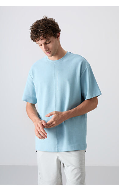 TommyLife Açık Mavi Pamuklu Kalın Yüzeyi Dokulu Oversize Fit Basic Erkek T-Shirt - 88337