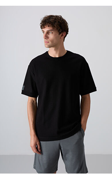 TommyLife Siyah Pamuklu Kalın Yüzeyi Dokulu Oversize Fit Basic Erkek T-Shirt - 88339
