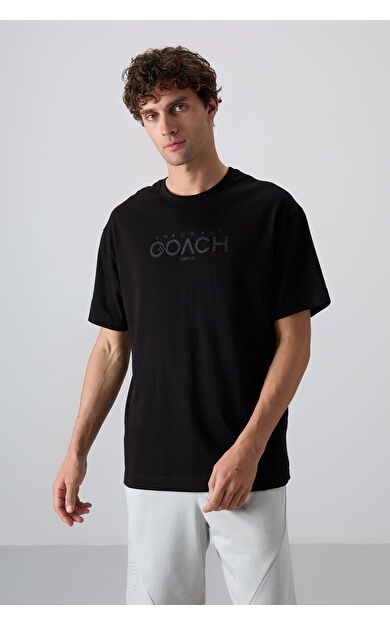 TommyLife Siyah Pamuklu Kalın Yumuşak Dokulu Oversize Fit Baskılı Erkek T-Shirt - 88329