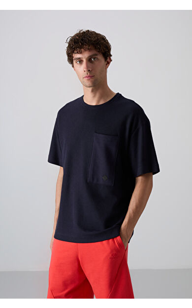 TommyLife Lacivert Pamuklu Kalın Yüzeyi Dokulu Oversize Fit Basic Erkek T-Shirt - 88341