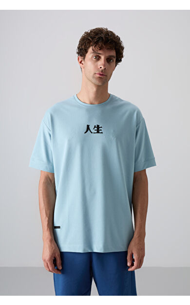 TommyLife Açık Mavi Pamuklu Kalın Yumuşak Dokulu Oversize Fit Baskılı Erkek T-Shirt - 88342