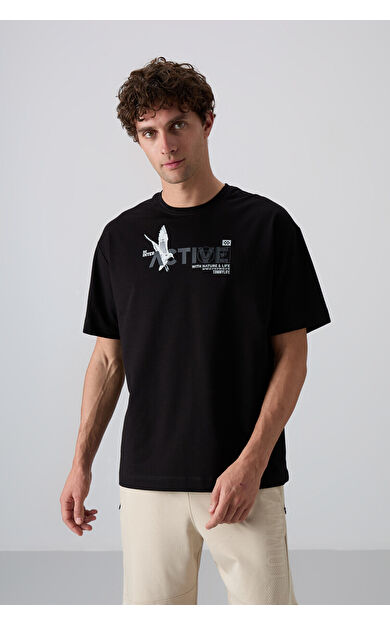 TommyLife Siyah Pamuklu Kalın Yumuşak Dokulu Oversize Fit Baskılı Erkek T-Shirt - 88344