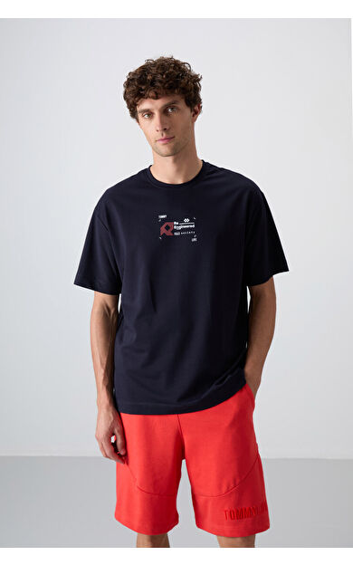 TommyLife Lacivert Pamuklu Kalın Yumuşak Dokulu Oversize Fit Baskılı Erkek T-Shirt - 88350