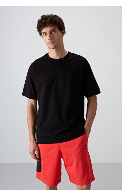 TommyLife Siyah Pamuklu Kalın Yumuşak Dokulu Oversize Fit Basic Erkek T-Shirt - 88349