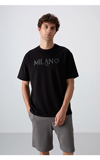 TommyLife Siyah Pamuklu Kalın Yumuşak Dokulu Oversize Fit Baskılı Erkek T-Shirt - 88345