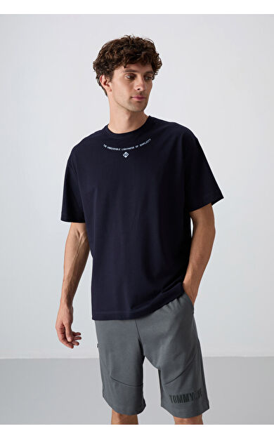 TommyLife Lacivert Pamuklu Kalın Yumuşak Dokulu Oversize Fit Baskılı Erkek T-Shirt - 88343