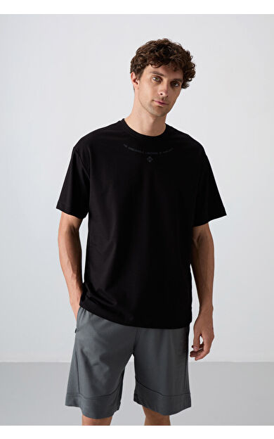 TommyLife Siyah Pamuklu Kalın Yumuşak Dokulu Oversize Fit Baskılı Erkek T-Shirt - 88343