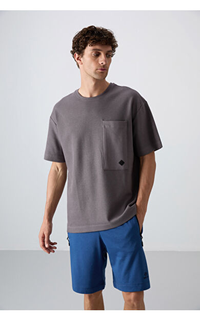 TommyLife Koyu Gri Pamuklu Kalın Yüzeyi Dokulu Oversize Fit Basic Erkek T-Shirt - 88341