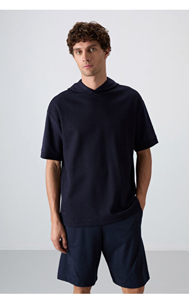 TommyLife Lacivert Pamuklu Kalın Yüzeyi Dokulu Oversize Fit Basic Erkek T-Shirt - 88335