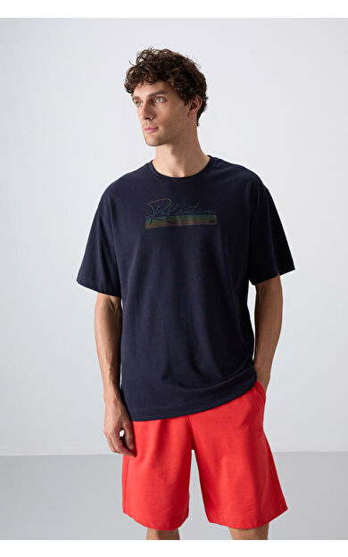 TommyLife Lacivert Pamuklu Kalın Yumuşak Dokulu Oversize Fit Baskılı Erkek T-Shirt - 88334