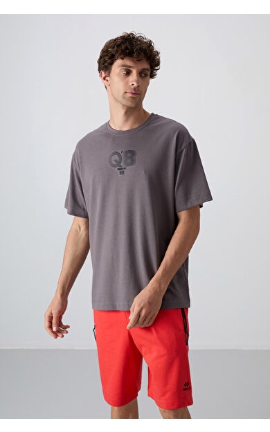 TommyLife Koyu Gri Pamuklu Kalın Yumuşak Dokulu Oversize Fit Baskılı Erkek T-Shirt - 88333