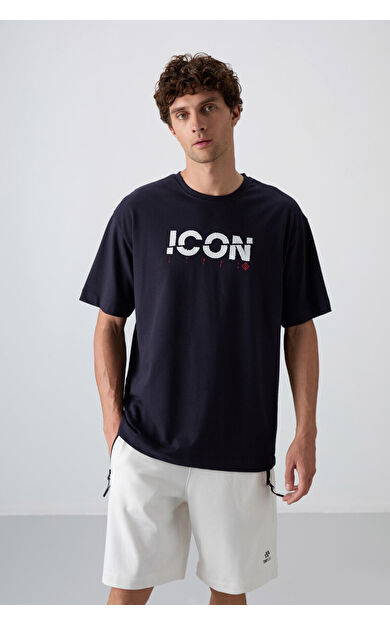 TommyLife Lacivert Pamuklu Kalın Yumuşak Dokulu Oversize Fit Baskılı Erkek T-Shirt - 88331