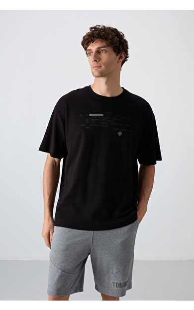 TommyLife Siyah Pamuklu Kalın Yumuşak Dokulu Oversize Fit Baskılı Erkek T-Shirt - 88326
