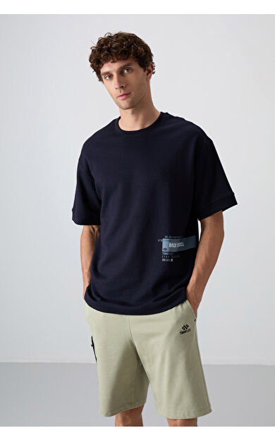 TommyLife Lacivert Pamuklu Kalın Yumuşak Dokulu Oversize Fit Baskılı Erkek T-Shirt - 88322