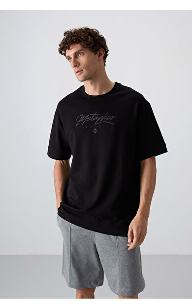 TommyLife Siyah Pamuklu Kalın Yumuşak Dokulu Oversize Fit Baskılı Erkek T-Shirt - 88320