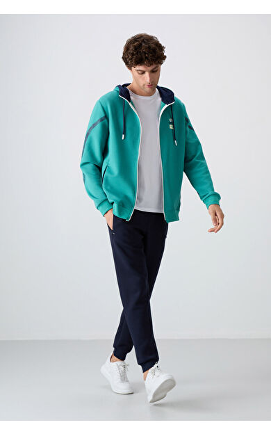 TommyLife Deniz Yeşili - İndigo Pamuklu Kalın Yumuşak Dokulu Comfort Fit Baskılı Erkek Eşofman Takım - 85236