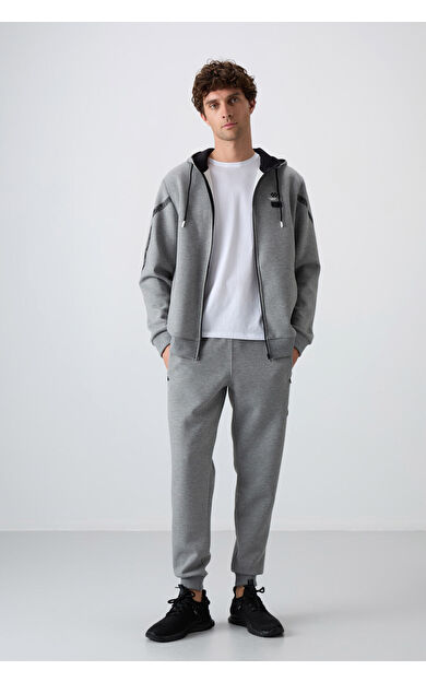 TommyLife Gri Melanj Pamuklu Kalın Yumuşak Dokulu Comfort Fit Baskılı Erkek Eşofman Takım - 85236