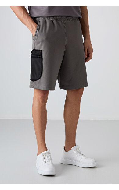 TommyLife Koyu Gri Pamuklu Kalın Yumuşak Dokulu Comfort Fit Baskılı Erkek Şort - 81266