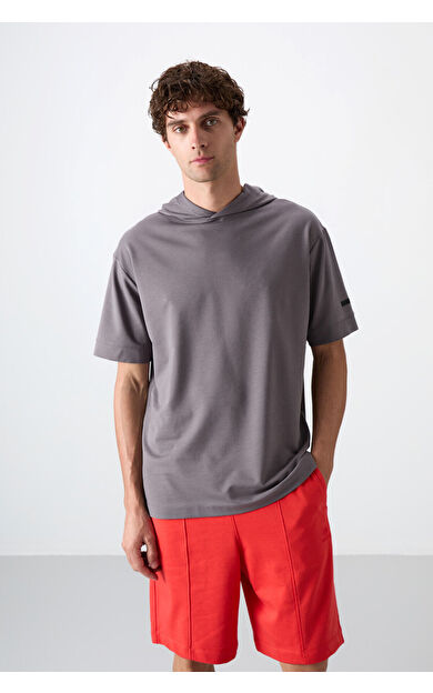 TommyLife Koyu Gri Pamuklu Kalın Yumuşak Dokulu Oversize Fit Basic Erkek T-Shirt - 88352