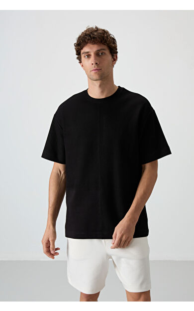 TommyLife Siyah Pamuklu Kalın Yüzeyi Dokulu Oversize Fit Basic Erkek T-Shirt - 88337