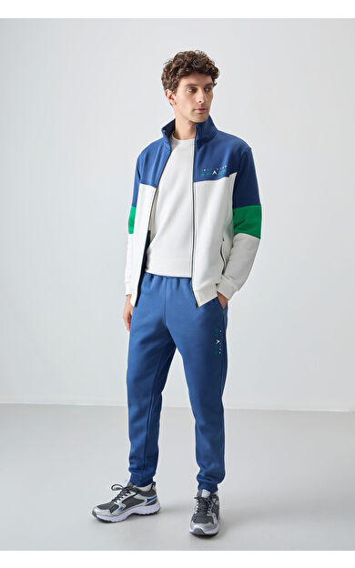 TommyLife Ekru - İndigo Dik Yaka  Renk Geçişli İçi Polarlı Erkek Eşofman Takımı  - 85186