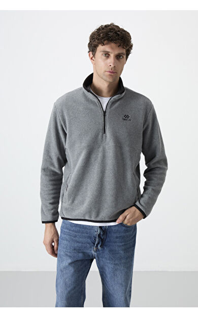 TommyLife Gri Melanj Yarım Fermuarlı Sweatshirt Slim Fit Dik Yaka Erkek Polar - 87891