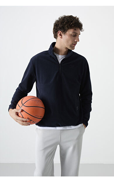 TommyLife Lacivert Yarım Fermuarlı Sweatshirt Slim Fit Dik Yaka Erkek Polar - 87891