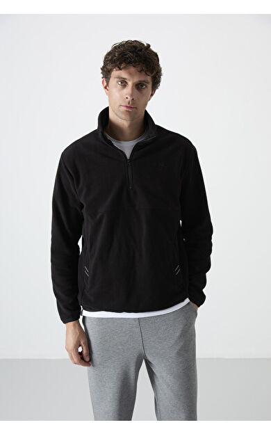 TommyLife Siyah Yarım Fermuarlı Sweatshirt Slim Fit Dik Yaka Erkek Polar - 87891