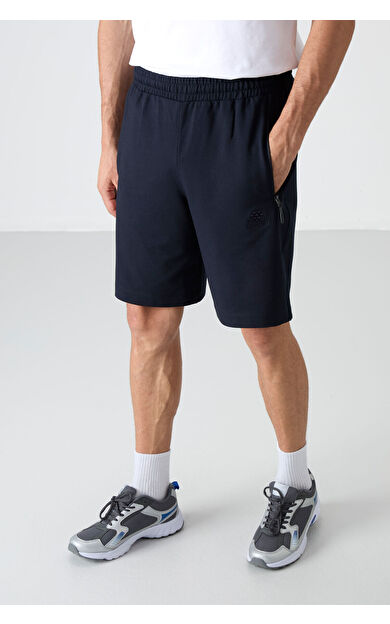 TommyLife Lacivert Gizli Fermuar Arka Cepli Bağcıklı Standart Kalıp Erkek Şort - 81136