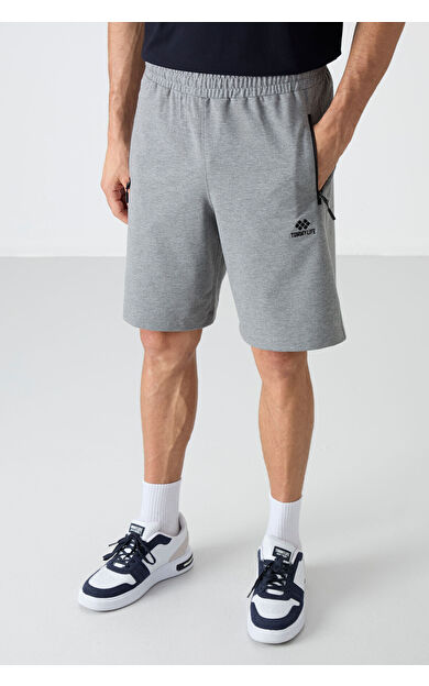 TommyLife Gri Melanj Gizli Fermuar Arka Cepli Bağcıklı Standart Kalıp Erkek Şort - 81136