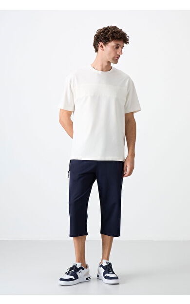 TommyLife İndigo Fermuar Cepli Standart Kalıp Klasik Paça Erkek Kapri - 83091