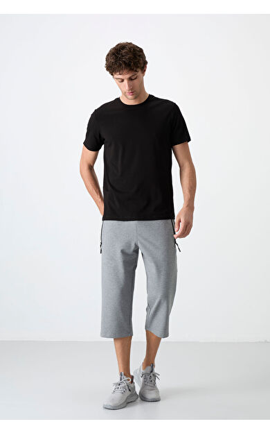 TommyLife Gri Melanj Fermuar Cepli Standart Kalıp Klasik Paça Erkek Kapri - 83091