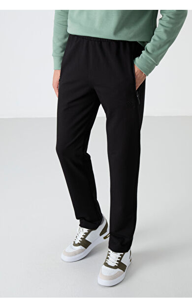 TommyLife Siyah Fermuarlı Üç Cepli Dar Kalıp Klasik Paça Erkek Eşofman Alt - 84671