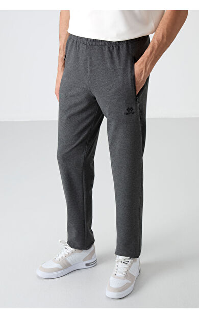 TommyLife Antrasit Melanj Fermuarlı Üç Cepli Dar Kalıp Klasik Paça Erkek Eşofman Alt - 84671