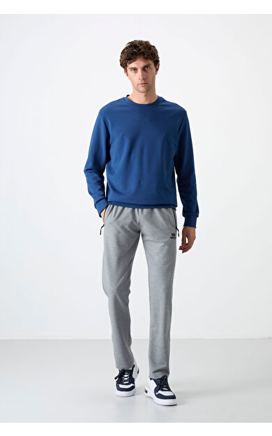 TommyLife Gri Melanj Fermuarlı Üç Cepli Dar Kalıp Klasik Paça Erkek Eşofman Alt - 84671