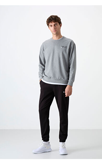 TommyLife Gri Melanj - Siyah Casual O Yaka Lastik Paça Pamuklu Erkek Oversize Eşofman Takımı - 85120