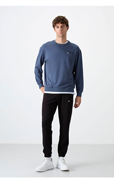 TommyLife Petrol - Siyah Casual O Yaka Lastik Paça Pamuklu Erkek Oversize Eşofman Takımı - 85120