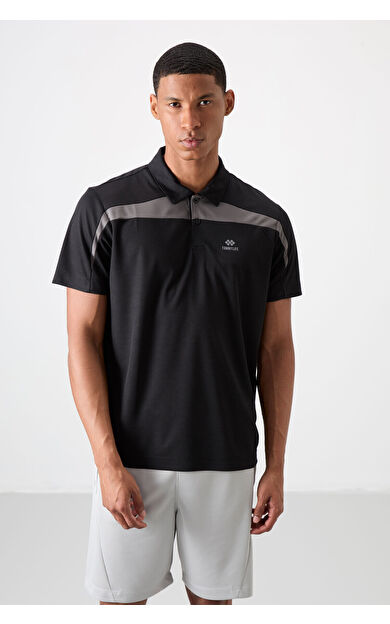 TommyLife Siyah Nefes Alan Dokulu İnce Esnek Standart Fit Polo Yaka Erkek Performans T-Shirt - 88392