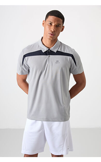 TommyLife Gri Nefes Alan Dokulu İnce Esnek Standart Fit Polo Yaka Erkek Performans T-Shirt - 88392