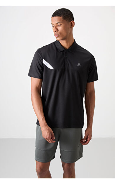 TommyLife Siyah Nefes Alan Dokulu İnce Esnek Standart Fit Polo Yaka Erkek Performans T-Shirt - 88402