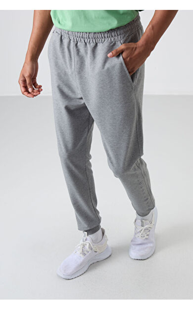 TommyLife Gri Melanj Pamuk Yumuşak Dokulu Standart Fit Nakışlı Erkek Eşofman Alt - 82133