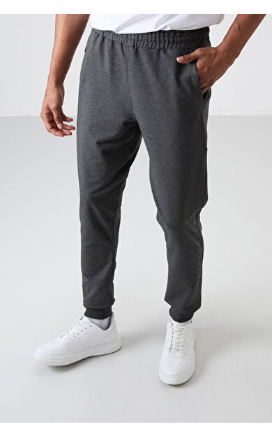 TommyLife Antrasit Melanj Pamuk Yumuşak Dokulu Standart Fit Nakışlı Erkek Eşofman Alt - 82133