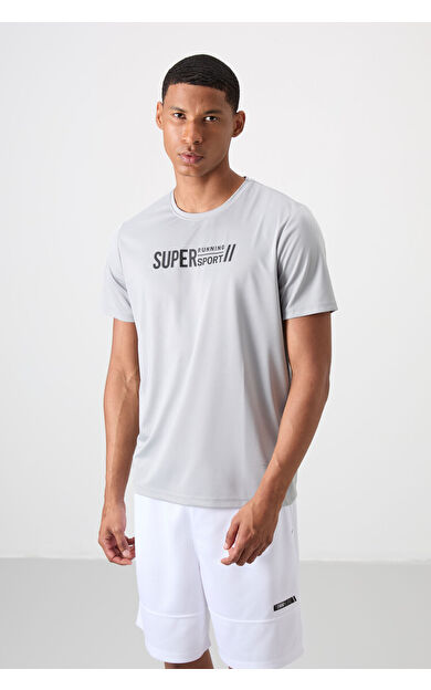 TommyLife Gri Nefes Alan Dokulu İnce Esnek Standart Fit Erkek Performans T-Shirt - 88385