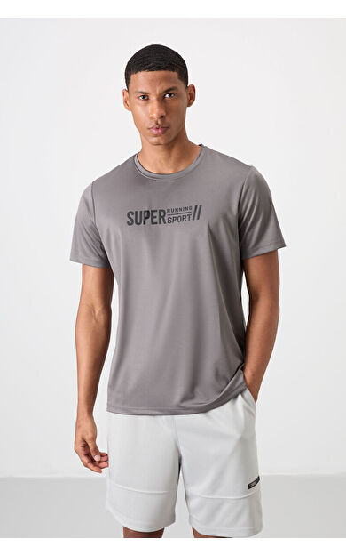 TommyLife Koyu Gri Nefes Alan Dokulu İnce Esnek Standart Fit Erkek Performans T-Shirt - 88385