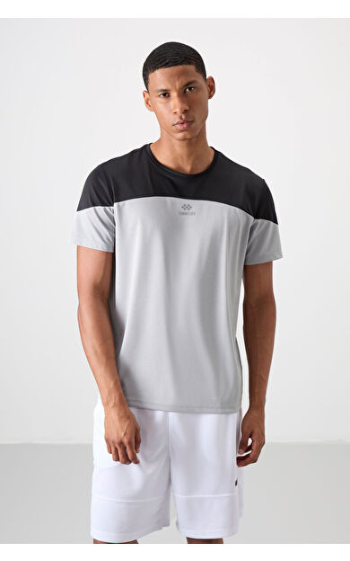 TommyLife Gri Nefes Alan Dokulu İnce Esnek Standart Fit Erkek Performans T-Shirt - 88386