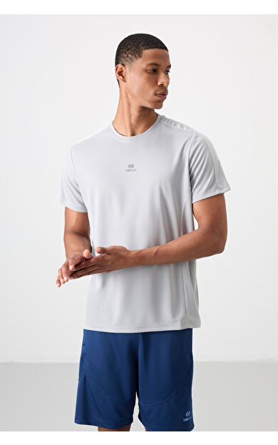 TommyLife Gri Nefes Alan Dokulu İnce Esnek Standart Fit Erkek Performans T-Shirt - 88390