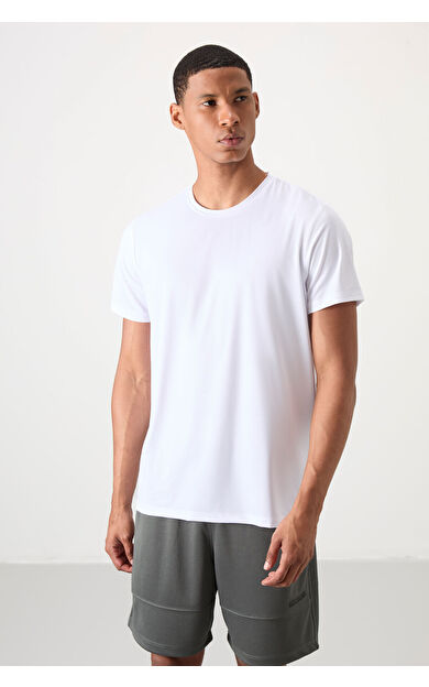 TommyLife Beyaz Nefes Alan Dokulu İnce Esnek Standart Fit Erkek Performans T-Shirt - 88388