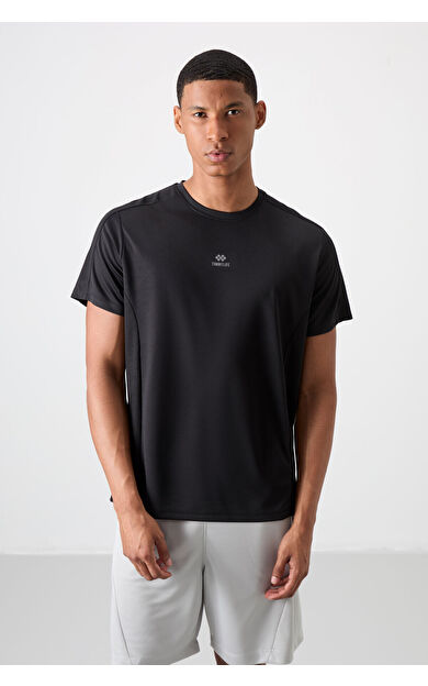 TommyLife Siyah Nefes Alan Dokulu İnce Esnek Standart Fit Erkek Performans T-Shirt - 88390