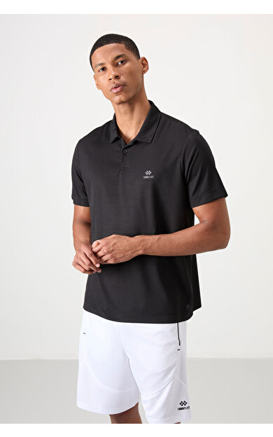 TommyLife Siyah Logo Baskılı Standart Kalıp Polo Yaka Aktif Spor Erkek T-Shirt - 88252