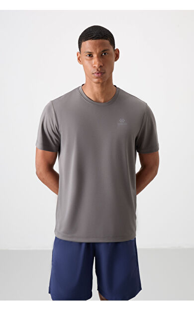 TommyLife Koyu Gri O Yaka Standart Kalıp Logo Desenli Aktif Spor Erkek T-Shirt  - 88255